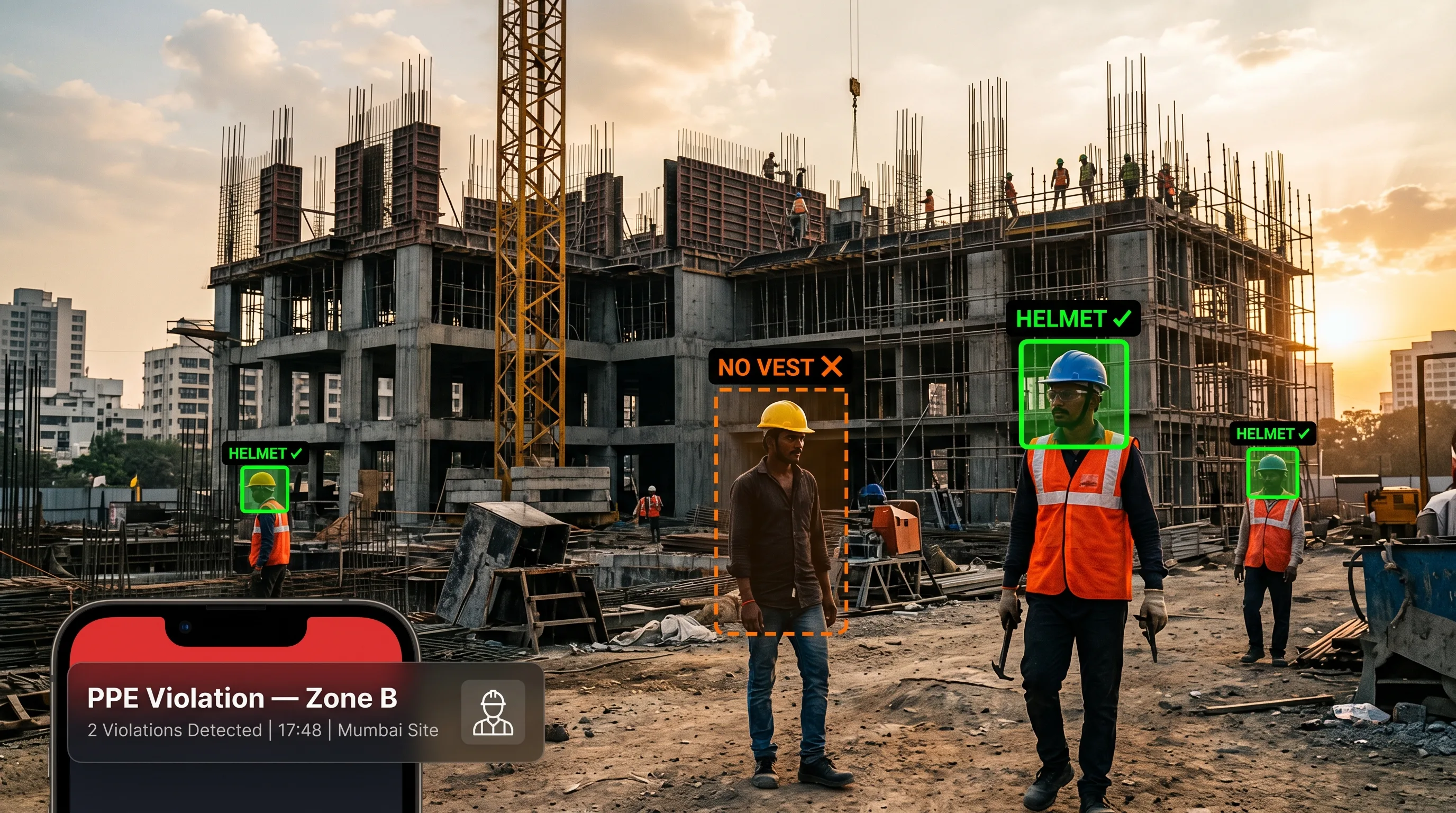 AI PPE detection dashboard showing real-time bounding boxes on construction site workers via CCTV cameras